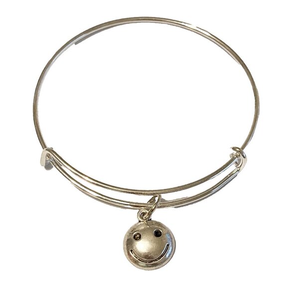 Smiley Face Wire Charm Bracelet Slider Adjustable Stretch Silver Tone Happy - Picture 1 of 12